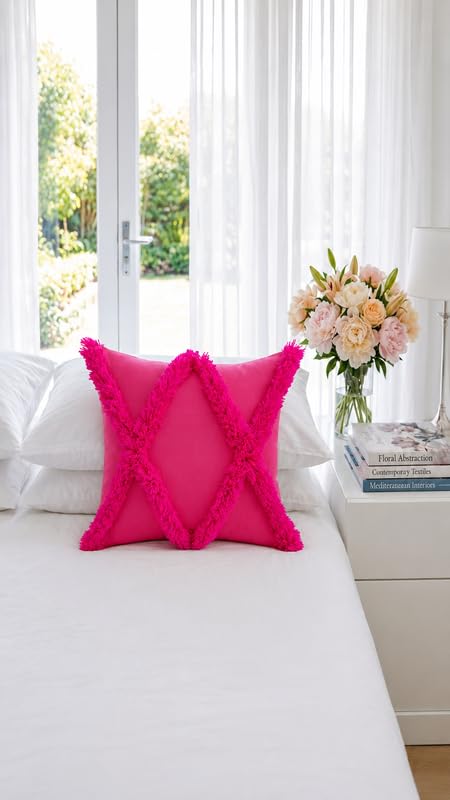 WWW.THROWPILLOW.IN Fuchsia Pink Decorative Throw Pillow Cover with Plush Diamond Trellis Trim, Feminine Preppy Accent Cushion Cover for Dorm Room,& Chic Home Décor Square Sofa Cushion 12x12 Inches