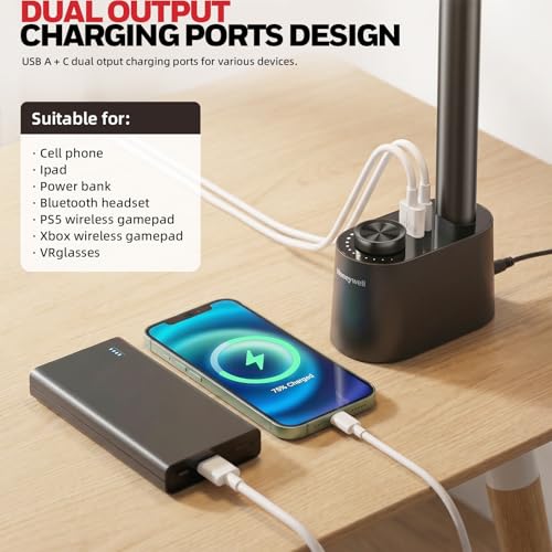 Honeywell LED Desk Lamp, Sunturalux™ Black Desk Lamps for Home Office USB | Foldable LED desk lamp with USB-C/A charger, RG0 eye-safe, CRI95, stepless dimming 10%-100%, 3 color temps (3000K-5000K) - color: Black