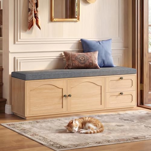 59" Storage Bench with Drawer, 2-Tier Shoe Bench with Doors, Long Entryway Bench, Thickened Cushion, Adjustable Shelf, Recessed Design for Entryway, Bedroom, Living Room, Natural