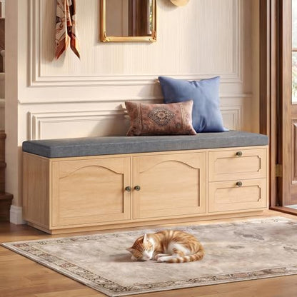 59" Storage Bench with Drawer, 2-Tier Shoe Bench with Doors, Long Entryway Bench, Thickened Cushion, Adjustable Shelf, Recessed Design for Entryway, Bedroom, Living Room, Natural