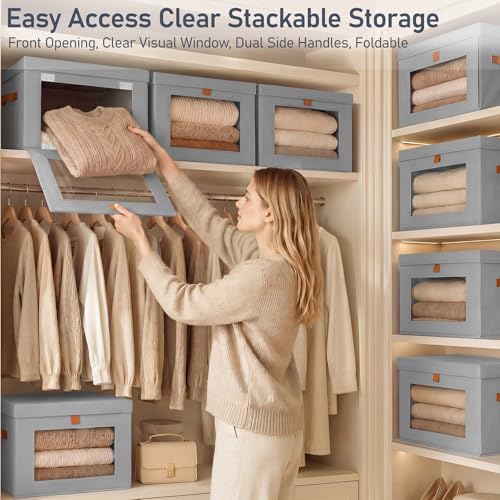 DIMJ Storage Bins with Lids - 5 Pack Front Opening Stackable Fabric Storage Boxes with Clear Window & Handles, Collapsible Closet Organizers for Clothes, Sweaters, Shelf Storage, Bedroom, Gray - color: Gray, size: Large-5 Pack