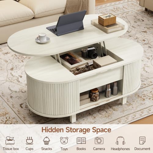 43.3" Oval Lift Top Fluted Coffee Table with Sliding Door, Natural | Mid-Century Modern Fluted Coffee Table with Lift Tabletop & Multi-Storage Spaces, Dining Table for Living Room, Home Office - color: Natural