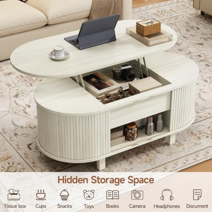 43.3" Oval Lift Top Fluted Coffee Table with Sliding Door, Natural | Mid-Century Modern Fluted Coffee Table with Lift Tabletop & Multi-Storage Spaces, Dining Table for Living Room, Home Office - color: Natural