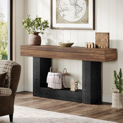 Tribesigns 63" Console Table, Farmhouse 2-Tier Entryway Table with U-Shaped Base, Narrow Long Wood Behind Couch Table for Living Room, Hallway, Foyer, Dark Brown & Black - color: Dark Brown & Black