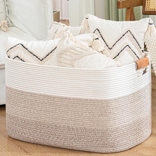 108L Large Blanket Basket for Living Room, Woven Storage Basket with Leather Handles, Cotton Rope Storage Organization in Nursery for Toys & Clothes 25 ''* 16 ''*16 '', Gradient Brown - color: Gradient Brown, size: 108L