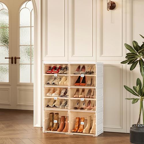 ANTBOX Portable Shoe Rack Organizer for Closet Entryway, Stackable Sneaker Storage Shoe Cabinet with Magnetic Clear Door, Large Plastic Storage containers Bins with Lids 5 Tiers 20 Pairs - size: 5 Tiers 20 Pairs