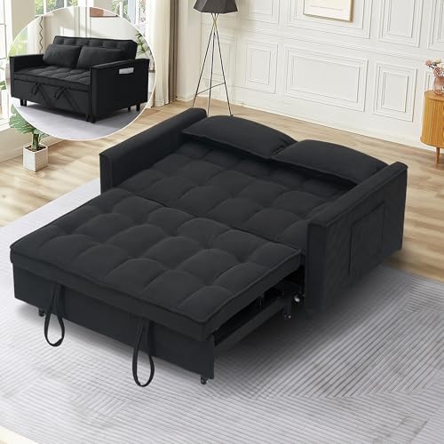3 in 1 Pull Out Couch,Convertible Sleeper Sofa Bed, Corduroy-Black | Futon Loveseat Couch with Pull-Out Bed & Adjustable Backrest Velvet Sofa with Side Pocket for Small Apartment - color: Corduroy-black, size: 54.3 "