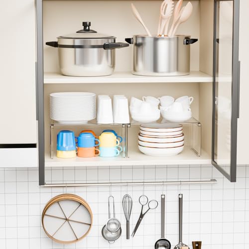 2 Pack Acrylic Cabinet Organizer,2 Tier Stackable Shelves for Cabinets,RV Pantry Organization,Counter Space Saver Desk Organizers,Cupboard Shelf and Cabinet Stand & Risers for Mug,Cup,Dish