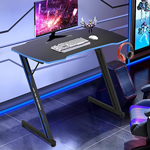 Dkelincs 35 inch Gaming Desk Z-Shaped Computer Desk PC Computer Table Home Office Desk Ergonomic Gamer Workstation with Headphone Hook, Blue - color: Blue, size: 35 Inch