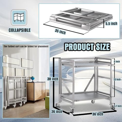 2 Shelf Rolling Cart with Wheels, 660lbs Capacity Collapsible Steel Rolling Utility Cart, Heavy-Duty Foldable Workbench, Metal Rolling Storage Cart with Handle for Groceries, Warehouse (36" Lx26 W) - color: Plate