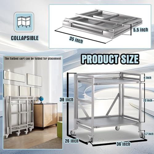 2 Shelf Rolling Cart with Wheels, 660lbs Capacity Collapsible Steel Rolling Utility Cart, Heavy-Duty Foldable Workbench, Metal Rolling Storage Cart with Handle for Groceries, Warehouse (36" Lx26 W) - color: Plate