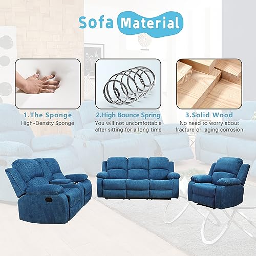 A Ainehome Living Room Furniture Set Recliner Sofa Set Loveseat Chair Furniture Sofa Set for Living Room/Small Space/Rv/House/Office/Theater Seating (A-Blue Microfiber, 3 Piece Set) - color: A-blue Microfiber, size: 3 piece set