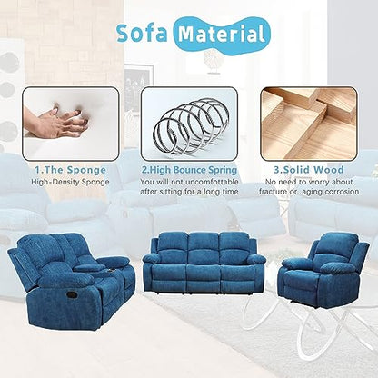 A Ainehome Living Room Furniture Set Recliner Sofa Set Loveseat Chair Furniture Sofa Set for Living Room/Small Space/Rv/House/Office/Theater Seating (A-Blue Microfiber, 3 Piece Set) - color: A-blue Microfiber, size: 3 piece set