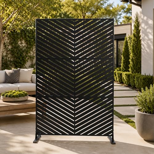 Kozyard Metal Privacy Screen 74" H x 47.2" W Decorative Outdoor Divider | with Stand Panels Freestanding Screen Set for Deck Patio Balcony Garden Outdoor&Indoor(Black/Chevron) - color: Black/Chevron