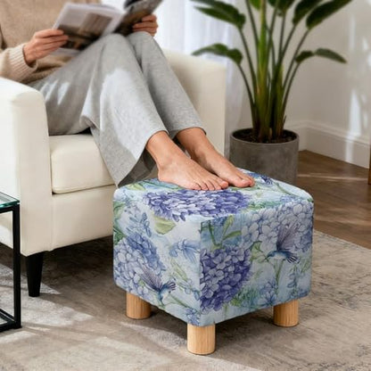 Hummingbird Hydrangea Print Ottoman Cover, Stretch Square Ottoman Slipcovers Machine Washable Foot Stool Cover for Living Room, Folding Storage Furniture Protector - color: Hummingbird Hydrangea