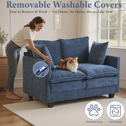50 Inch Loveseat Sofa | Comfy Small Couch for Bedroom, Living Room, Office | Mini 2 Seater Sofa in a Box | Deep Seat with Double Layer Upholstered Cushion, Removable Cover, Chenille Fabric | Blue - color: Blue, size: 50Inch