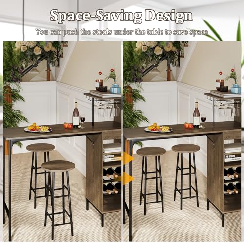 GOFLAME Bar Table Set for 2, Counter Height Dining Table Set with Shelves, Cup Holder & Wine Rack, Breakfast Table & Stools Set, 3-Piece Pub Table Set for Kitchen, Dining Room, Grey Oak - color: Grey Oak