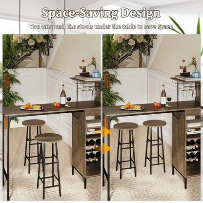 GOFLAME Bar Table Set for 2, Counter Height Dining Table Set with Shelves, Cup Holder & Wine Rack, Breakfast Table & Stools Set, 3-Piece Pub Table Set for Kitchen, Dining Room, Grey Oak - color: Grey Oak