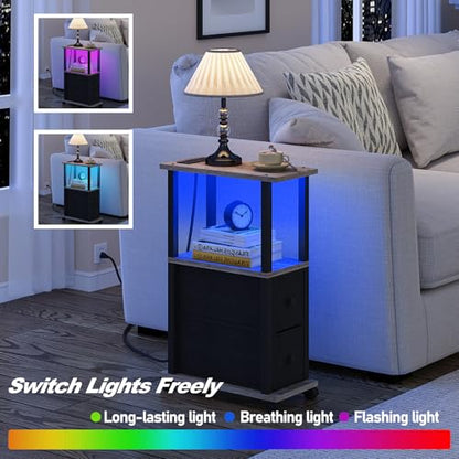 TUTOTAK Small Narrow End Tables, LED Side Tables with 2 Fabric Drawers, Set of 2, Bedside Tables with Charging Station for Small Spaces, Slim Nightstands with USB Ports and Wheels, TB01BG053L - color: Greige, style: with LED Light & Outlets