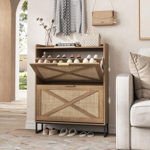 Maupvit Shoe Storage Cabinet with 2 Rattan Flip Drawers, Freestanding Organizer with Metal Legs for Entryway, Narrow Shoe Rack Cabinet, Hidden Golden Handles, Rustic Oak Rattan - color: Rustic Oak Rattan, style: 2-Drawers