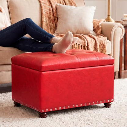 Leather Storage Ottoman, 24" Rectangle Square Bench Foot Rest Stool for Bedroom Living Room, Red - color: Red
