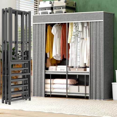Umeiga Heavy Duty Portable Closet with Cover 1200Ibs Foldable Covered Clothes Rack for Hanging Armoire Wardrobe Closet System Freestanding Coat Storage Garment Racks 60" W x 71" H x 20" D - size: 60" Wide