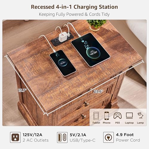 Farmhouse Nightstand Set of 2, 23.6"W Wood End Table With Charging Station | 26" Tall Side Table w/Roman Column, End Tables Living Room Set of 2, Bedside Cabinet for Bedroom, Reclaimed Barnwood - color: Reclaimed Barnwood, size: 23.6"W x 15.7"D x 26"H