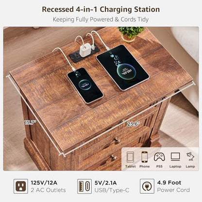 Farmhouse Nightstand Set of 2, 23.6"W Wood End Table With Charging Station | 26" Tall Side Table w/Roman Column, End Tables Living Room Set of 2, Bedside Cabinet for Bedroom, Reclaimed Barnwood - color: Reclaimed Barnwood, size: 23.6"W x 15.7"D x 26"H