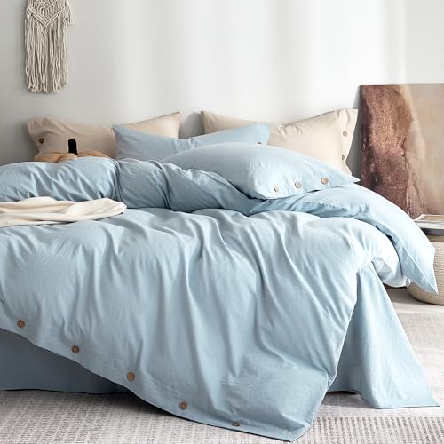 JELLYMONI 100% Washed Cotton Baby Blue Duvet Cover Queen, Linen-Like | OEKO-TEX Certified, Soft, Breathable Percale Bedding with Natural Wrinkle Texture, Button Closure, 3-Piece Set, 90"x90" - color: 01- Baby Blue, size: Queen(90"×90")