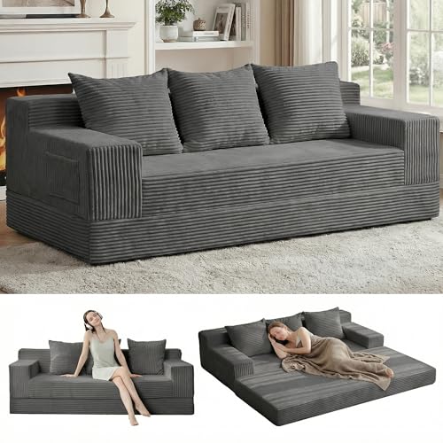 Erament 3 Seater Boneless Couch Sofa Bed, 78'' Corduroy Oversized Loveseat Folding Sofas Bed, Compression Convertible Futon Floor Couch Sofa Beds with 3 Pillows for Living Room Bedroom Apartment - color: Grey, size: 78''（King）