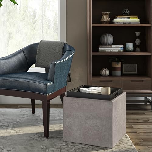 SIMPLIHOME Rockwood 17" Wide Linen Look Fabric Storage Ottoman in Brown | Distressed grey taupe, contemporary ottoman with flip-over tray top and hidden storage; cube storage bench for living room. - color: Distressed Grey