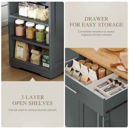 DWVO Large Kitchen Island with Trash Can Cabinet | 53 Inch Kitchen Island on Wheels, Rolling Island with Tilt‑Out Garbage Storage Fits 13 Gallon Bin and Drawer - color: Grey