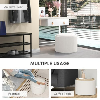 HOMCOM Round Storage Ottoman with Flip Top Tray, Footstool, Cream White | Upholstered Fabric, Small Coffee Table, Hidden Compartment, Accent Vanity Stool, Living Room