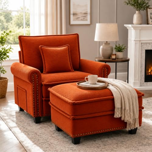 42-inch Nailhead Trim Sofa with Ottoman, Modern Corduroy Small Couch with Rolled Arms, Single Sofa Chaise Lounge for Living Room, Bedroom, Farmhouse Decor (Orange) - color: Orange