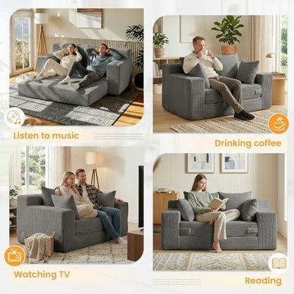 Winzon Boneless Loveseat, 3 in 1 Convertible Sofa Bed Sleeper Sofa Floor Futon Bed with 4 Pillows, 55" Grey Boneless Couch for Living Room, Guest Room, Small Space, No Assembly Required, Corduroy