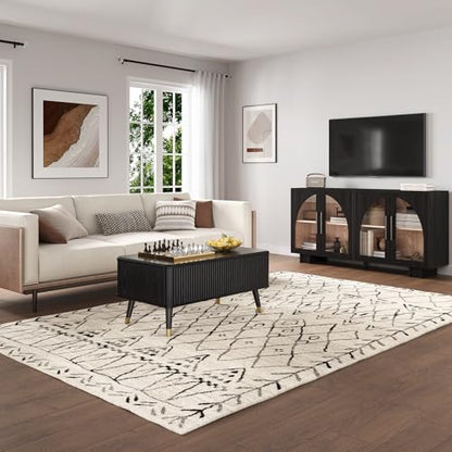 SULIVES Lift Top Coffee Table with Storage,Fluted Coffee Table with Lifting Top,Mid Century Modern Center Table with Solid Wood Legs,Small Coffee Tables for Living Room,Black - color: Black_rectangular