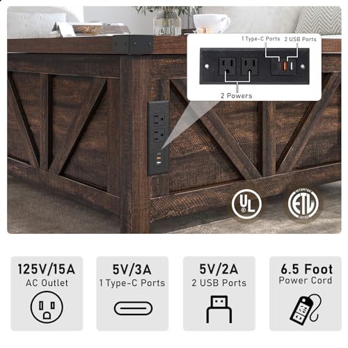 jimeimen Farmhouse Lift Top Coffee Table with Storage, Wood Square Center Table with Charging Station&USB Port, Living Room Table w/Large Hidden Space, for Living Room, Bedroom, Home Office, Brown - color: Brown