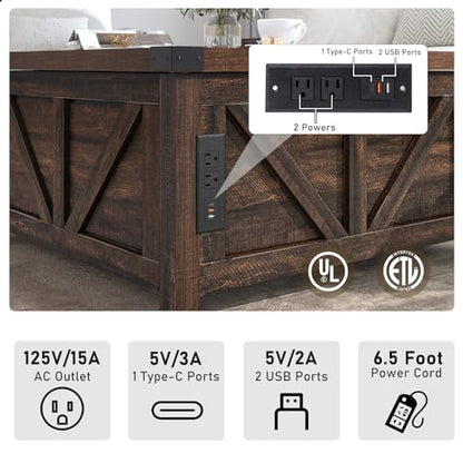 jimeimen Farmhouse Lift Top Coffee Table with Storage, Wood Square Center Table with Charging Station&USB Port, Living Room Table w/Large Hidden Space, for Living Room, Bedroom, Home Office, Brown - color: Brown