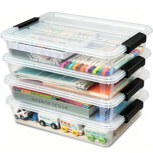 EOENVIVS 4 Pack Clear Storage Bins with Lids, Stackable A4 & US Letter File Box Organizers, Craft Storage Bins and Sensory Bins for Classroom, Kids Art Supplies, Documents and Projects, Black Latches - color: Clear+Black Latch Buckle