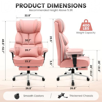 BestGlory Office Desk Chair, Big and Tall Leather Gaming Chair with Footrest, Ergonomic Comfy Executive High-Back Reclining Computer Chairs, Wide Swivel Rolling Wheels and Padded Lumbar Support, Pink - color: Pink, style: 3 Position Reclining