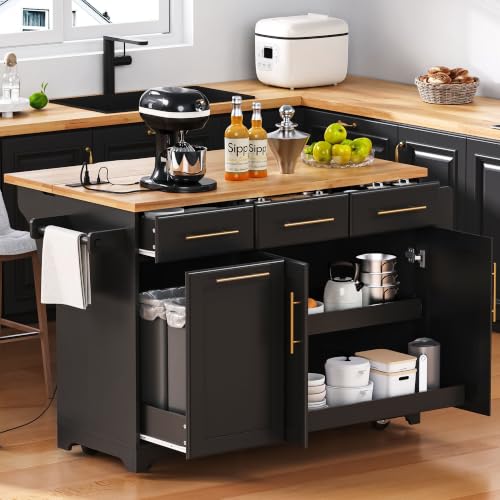 Kitchen Island with Trash Can Storage & Pull-Out Trays | Solid Rubberwood Countertop Kitchen Island on Wheels, Drop Leaf, Power Outlet, 3 Drawers - color: Black