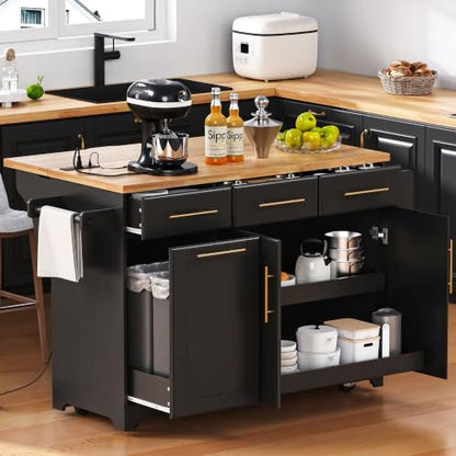 Kitchen Island with Trash Can Storage & Pull-Out Trays | Solid Rubberwood Countertop Kitchen Island on Wheels, Drop Leaf, Power Outlet, 3 Drawers - color: Black