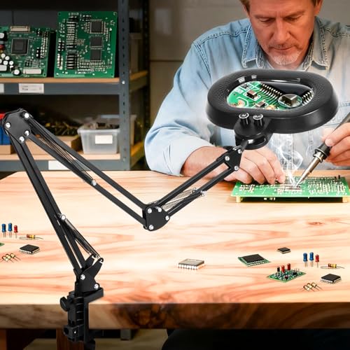 KIRKAS 12X 30X Magnifying Glass with Light, 3-axis Rotation Magnifying Lamp | 35in Long Arm LED Lighted Magnifier Real Glass Lens for Repair Craft Sewing Workbench, Knob Stepless Dimming and Color - size: 12X 30X