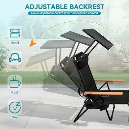 Beach Lounge Chair, Folding Outdoor Chaise Lounge Chair with Arms, 4-Position Backrest, Extended Sun Tanning Chair Pillow & Cup Holder, Patio Lounger for Outside for Beach Pool Patio Yard (Black-U) - color: Black-u
