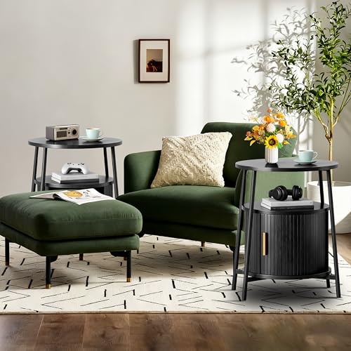 DHH Round End Tables Set of 2 & Charging Station, Fluted Accent Side Table with Sliding Door, Mid-Century Modern Nightstand Set of 2 for Small Space Storage, Living Room, Bedroom,Sofa Couch(2, Black) - color: Black