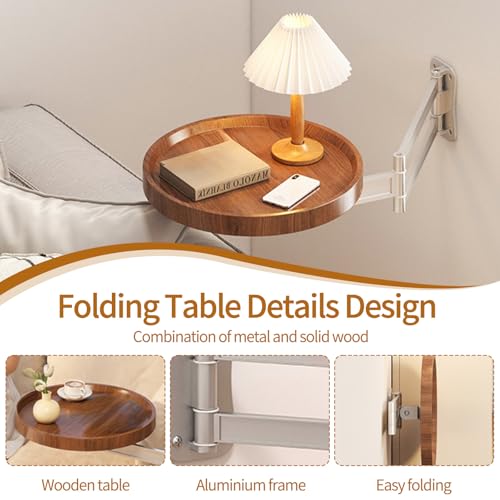 Wall Mounted Folding Round Table,11Inch Small Foldable Retractable Wooden Coffee Table Tray Fold Down Wall Desk Flip-Out Design Nightstand for Bedroom Living Room Balcony (Brown) - color: Brown