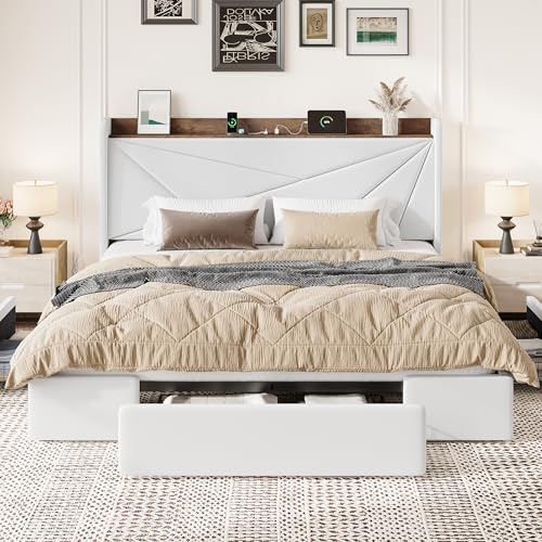 SHA CERLIN King Bed Frame, Storage Headboard with Drawers, Charging, White | Velvet Upholstered Bed, Modern Wingback Headboard, 3 Drawers, USB Charging Station, No Box Spring Needed, Easy Assembly - color: White, size: King