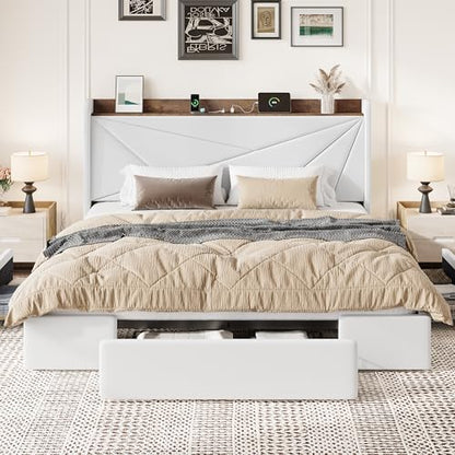 SHA CERLIN King Bed Frame, Storage Headboard with Drawers, Charging, White | Velvet Upholstered Bed, Modern Wingback Headboard, 3 Drawers, USB Charging Station, No Box Spring Needed, Easy Assembly - color: White, size: King