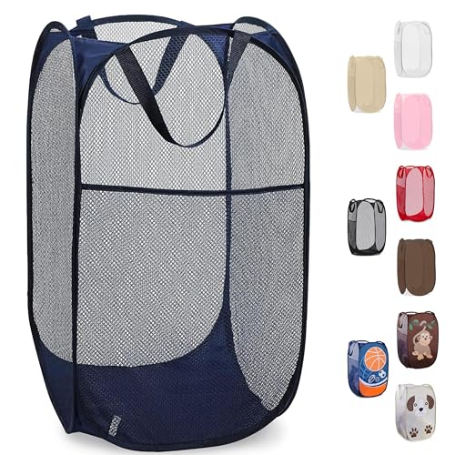 Handy Laundry Collapsible Mesh Foldable Hamper 14" x 14' x 24" Navy Blue | Collapsible Mesh Pop Up Hamper, Wide Opening, Side Pocket, Breathable, Sturdy, Foldable, Space-Saving for Clothes Storage - color: Blue