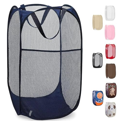 Handy Laundry Collapsible Mesh Foldable Hamper 14" x 14' x 24" Navy Blue | Collapsible Mesh Pop Up Hamper, Wide Opening, Side Pocket, Breathable, Sturdy, Foldable, Space-Saving for Clothes Storage - color: Blue